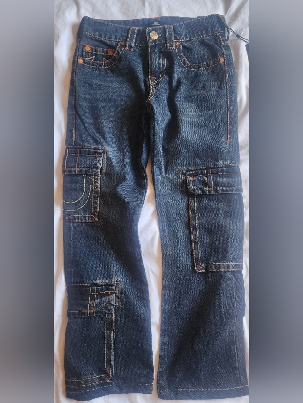 True Religion Women's Dark Wash Cargo Denim Jeans Relaxed Boot Cut
